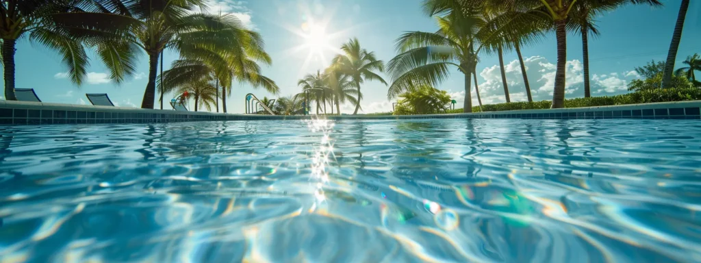 a pristine south florida residential pool glistens under the bright sun, with sparkling water, immaculate tile surfaces, and shimmering diamond brite, while a professional technician expertly applies treatments for quick and effective maintenance.