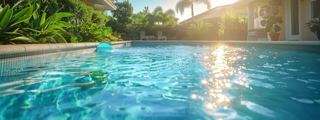 a serene south florida residential pool scene showcases sparkling crystal-clear water surrounded by lush landscaping, with a professional-grade pool vacuum in use, emphasizing effective cleaning techniques against a backdrop of sunlit blue skies and vibrant greenery.