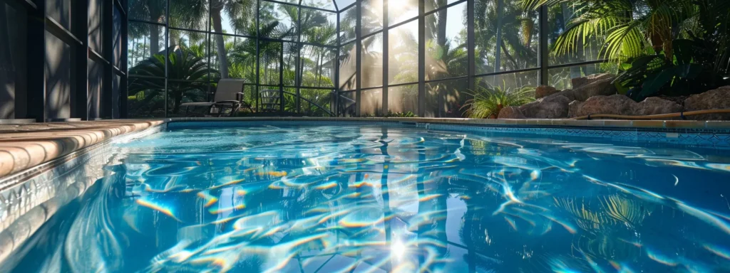 a sunlit south florida pool glistens with a vibrant turquoise hue, showcasing pristine diamond brite surfaces and pool maintenance equipment arranged neatly nearby, symbolizing the swift action needed to combat algae issues.