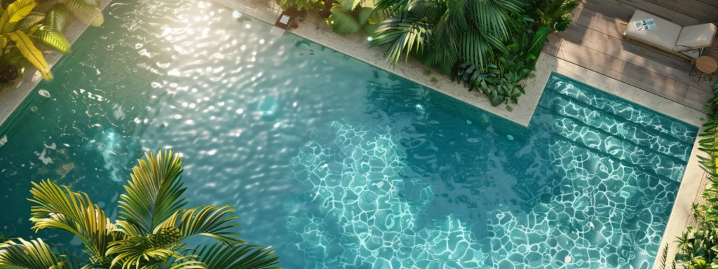 a sunlit south florida residential pool glistens with crystal-clear turquoise water, surrounded by lush greenery, showcasing vibrant pool maintenance equipment strategically placed nearby to highlight the importance of upkeep and a pristine swimming environment.