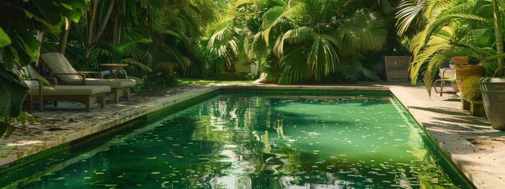 a vibrant south florida residential pool, marred by an alarming green hue due to algae growth, surrounded by lush tropical foliage under bright sunlight, capturing the urgent need for swift maintenance and care.