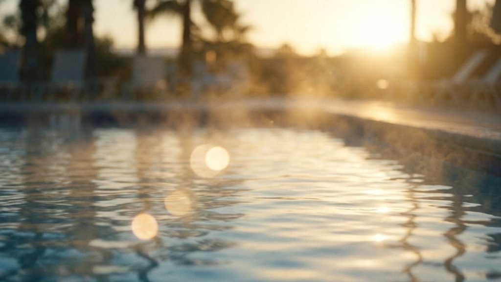 Intense Florida sunlight hitting pool water surface, accelerating chlorine breakdown