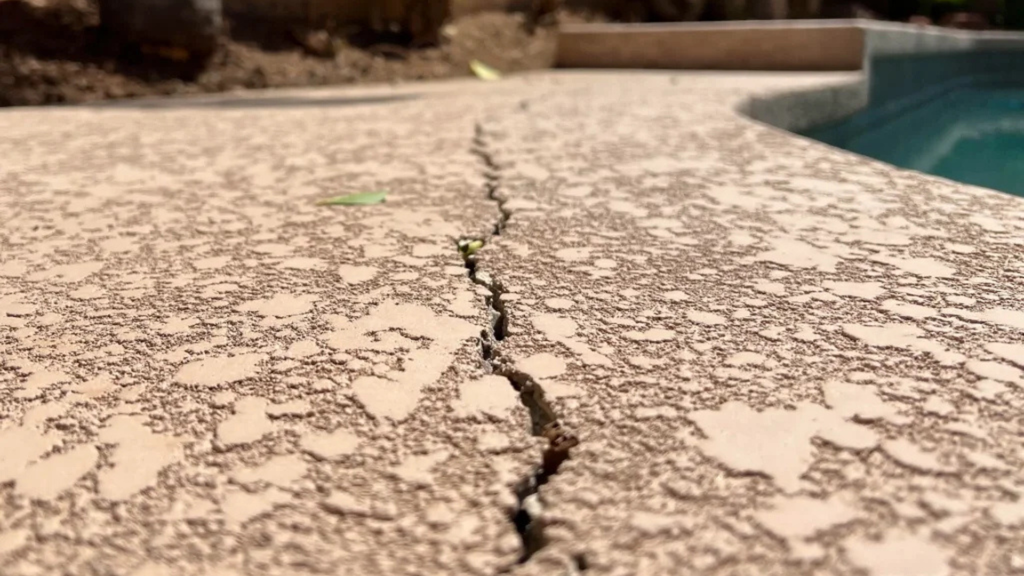 South Florida pool deck showing concrete staining, cracks, and waterlogged soil from an ongoing pool leak.