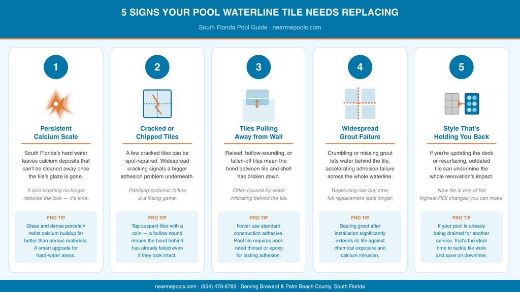 Infographic listing five signs your pool waterline tile needs replacing, including calcium buildup, cracked tiles, adhesion failure, grout damage, and outdated style.