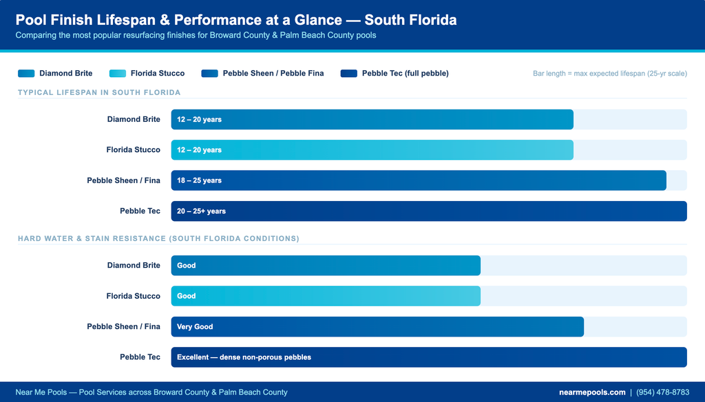 Horizontal comparison chart showing Diamond Brite, Florida Stucco, and Pebble Tec pool finishes compared by lifespan, stain resistance, and surface texture